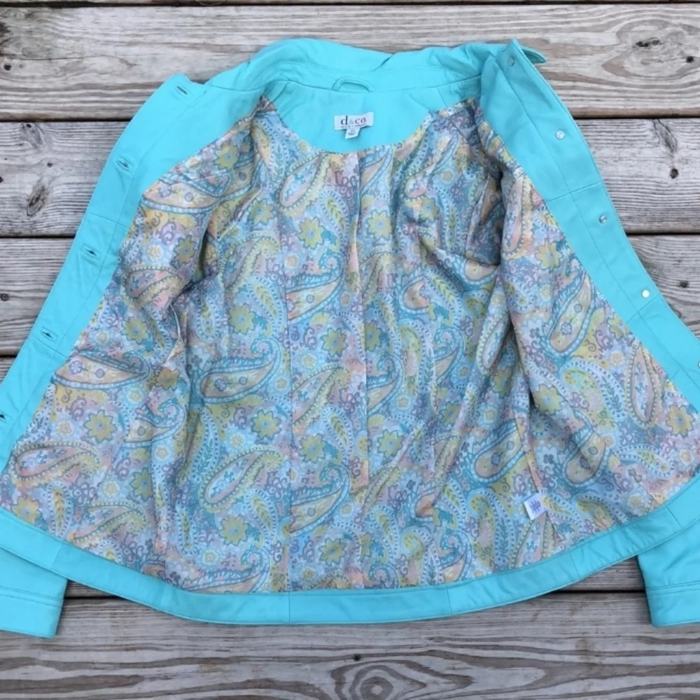 Denim & Co 100% Genuine LAMBSKIN LEATHER Jacket  Light Aqua NWOT - Picture 2 of 5